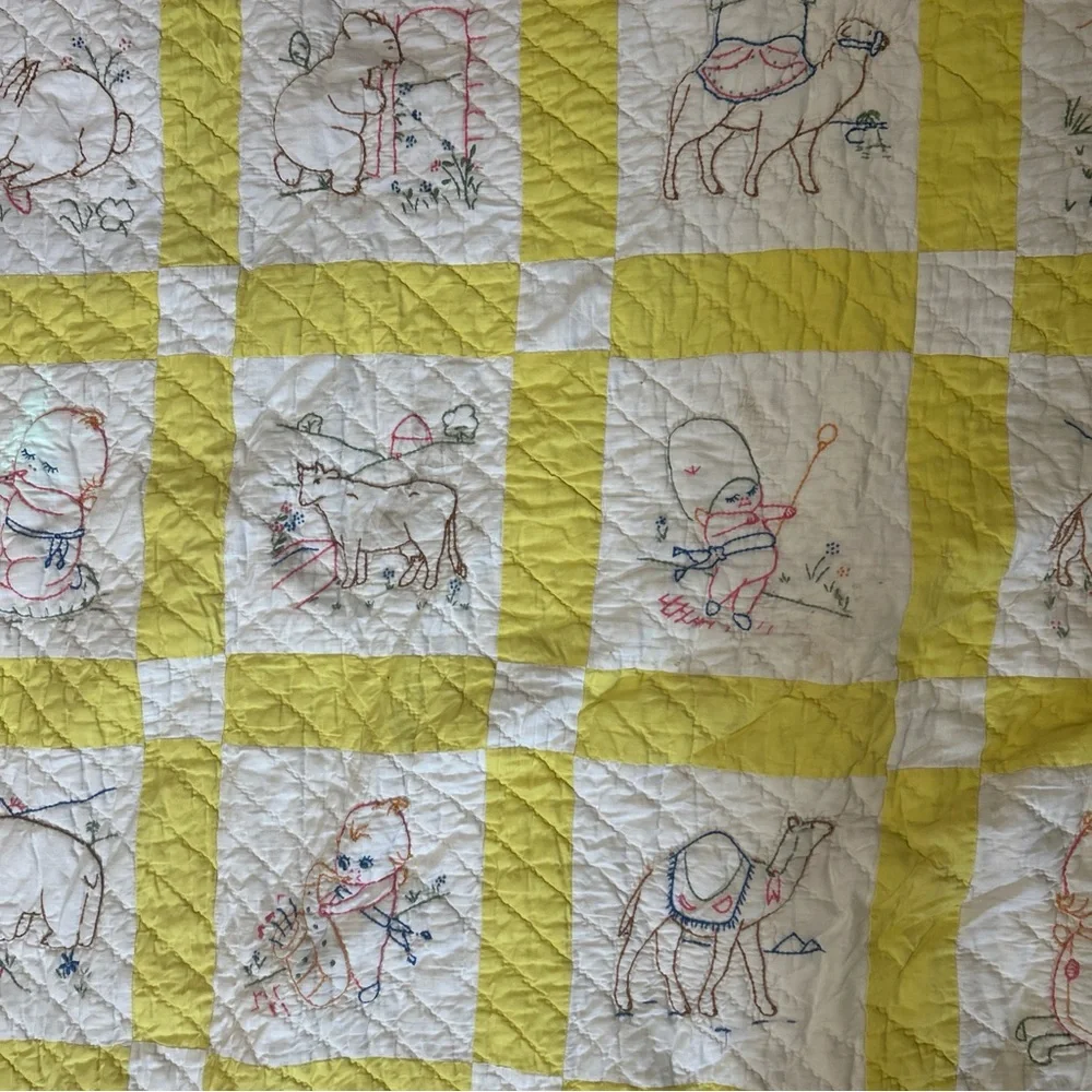 Vintage Handmade quilt Baby Blanket Embroidered Animals Yellow 64x78
